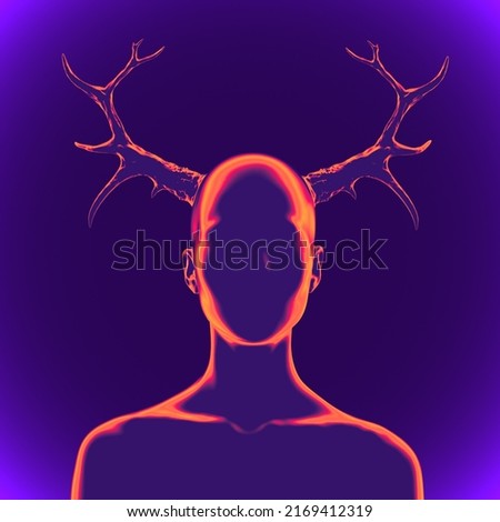 Abstract concept illustration from 3D rendering of scary faceless female bust figure frontal view with deer devilish antlers on background in vaporwave style color palette gradient.