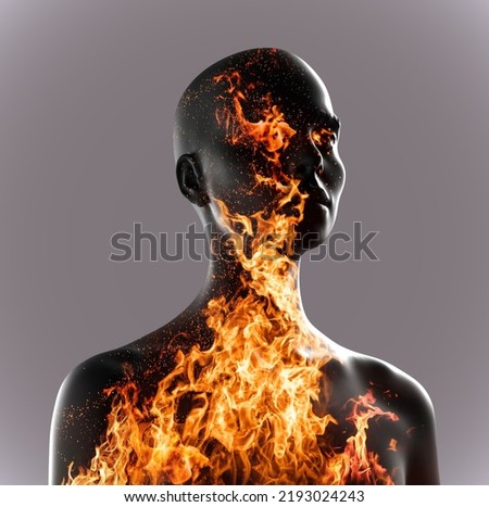 Abstract concept illustration from 3D rendering of a female bust figure overlaid by CG fire and flames and isolated on background.