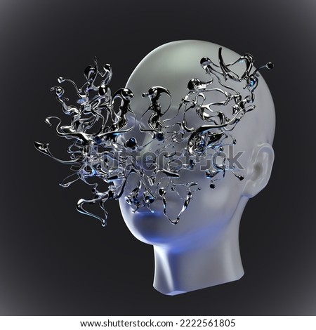 Abstract concept illustration from 3D rendering of white marble female head with liquid chrome metal reflecting abstract face-piece isolated on dark background.