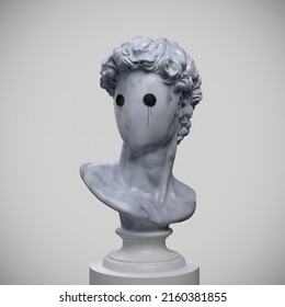 Abstract Concept Illustration Of Faceless Marble Classical Bust On Pedestal With Sprayed Emoticon Style Black Eyes From 3d Rendering On Grey Background.