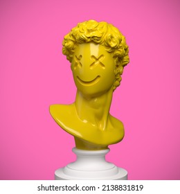 Abstract concept illustration of faceless yellow classical bust on pedestal with carved emoticon style face from 3d rendering on pink background.