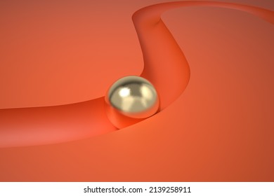 Abstract Concept Illustration, Gold Ball On Grooved Track Racing. 3D Rendering. 3D Illustration.