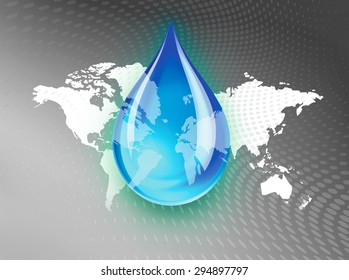 Abstract Concept Illustration Indicating A World Wide Fresh Water Crisis Or Shortage With A Droplet Of Water Suspended Over A Shrinking Green Space Global Map With Swirling Dots Background.