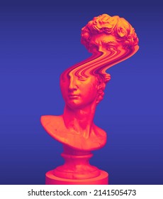 Abstract Concept Illustration Of Orange And Blue Vaporwave Style Pixel Stretched Glitch Of Male Classical Bust From 3d Rendering Isolated On Background.