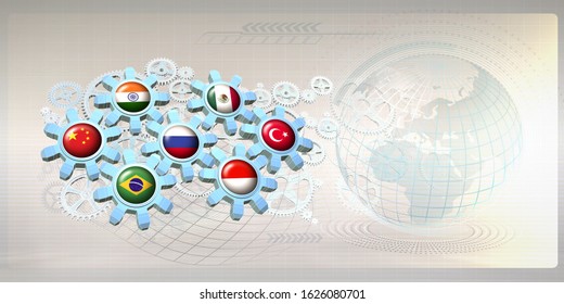 Abstract Concept Image With Flags Of The  Emerging 7 Or E7 Countries (group Of Favored Emerging Markets) On Gear Wheels. 3D Illustration