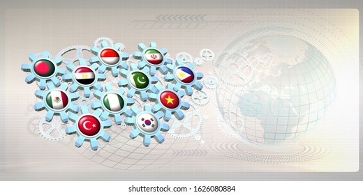 
Abstract Concept Image With Flags Of The Next Eleven Or N-11 Countries (favored Emerging Markets) On Gear Wheels. 3D Illustration