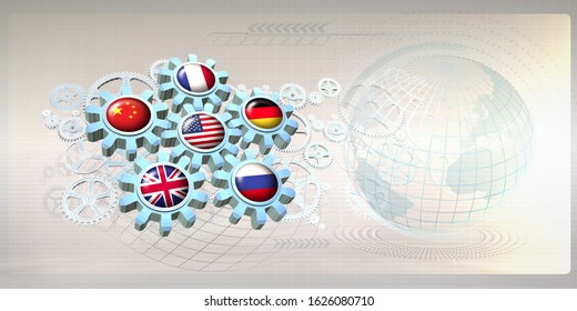 
Abstract Concept Image With National Flags Of The P5+1 Countries (permanent Members Of The United Nations Security Council + Germany) On Gear Wheels. 3D Illustration 