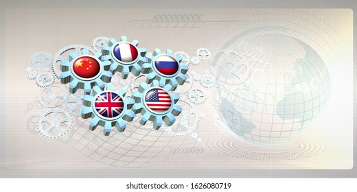 Abstract Concept Image With National Flags Of The Big Five Or P5 Countries (permanent Members Of The United Nations Security Council) On Gear Wheels. 3D Illustration 