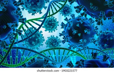 Abstract concept image related to the possible link between a rare genetic mutation in human DNA and severity of COVID-19 symptoms. 3D rendered illustration of human DNA strands and virus particles.