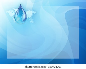 Abstract Concept Indicating A World Wide Fresh Water Crisis And Shortage With A Droplet Of Water Suspended Over A Global Map With Swirling Dots Presentation Background Template.