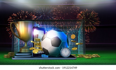 Abstract Concept Of Live Betting On The Outcome Of A Soccer (football) Game Or Match. 3D Rendered Illustration With Generic Sports Equipment And Colored Fireworks In The Background