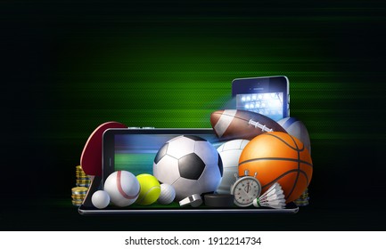 Abstract Concept Of Online Betting On The Outcome Of Sporting Events. 3D  Illustration With Generic Sports Equipment Against Dark Background