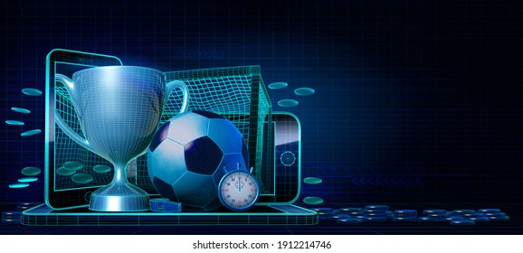 Abstract Concept Of Profitable Online Betting On The Outcome Of A Soccer (football) Game Or Match. 3D Rendered Illustration With Wireframe Mesh Objects On A Dark Background With Copy Space