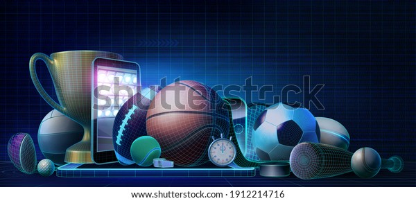 Abstract concept of\
profitable online betting on the outcome of major sporting events.\
3D rendered illustration with wireframe mesh objects on a dark blue\
background 