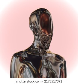 Abstract Concept Sculpture Illustration From 3D Rendering Of Black Chrome Metal Reflecting Female Figure With Flat Melting Anonymous Face Isolated On Background In Vaporwave Style Colors.