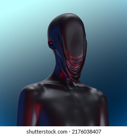 Abstract Concept Sculpture Illustration From 3D Rendering Of Black Mat Metal Reflecting Female Figure With Flat Melting Anonymous Face Isolated On Background In Vaporwave Style Colors.