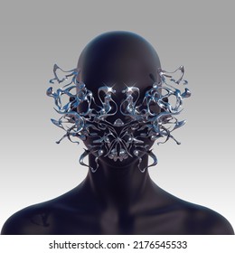 Abstract Concept Sculpture Illustration From 3D Rendering Of Front View Mat Black Female Figure With Anonymous Face And Liquid Chrome Metal Reflecting Face-piece Isolated On Background.