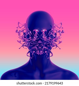 Abstract Concept Sculpture Illustration From 3D Rendering Of Front View Female Figure With Anonymous Face And Liquid Chrome Metal Reflecting Face-piece Isolated On Background In Vaporwave Style.