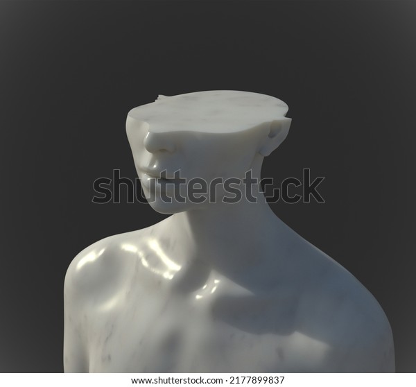 Abstract concept sculpture illustration from\
3D rendering of white marble female figure sliced cut head missing\
upper part and isolated on\
background.