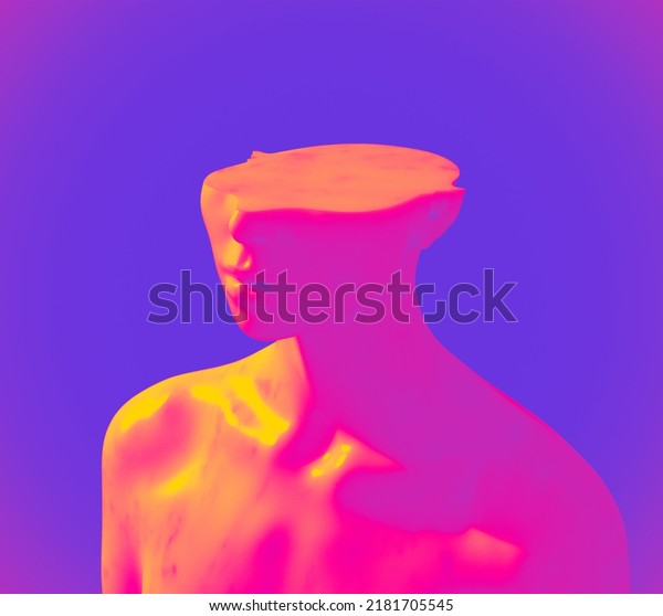 Abstract\
concept sculpture illustration from 3D rendering of white marble\
female figure sliced cut head missing upper part and isolated on\
background in vaporwave style color\
palette.