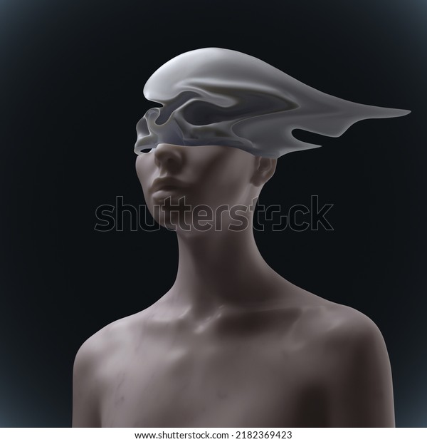 Abstract concept sculpture illustration\
from 3D rendering of female figure sliced cut head with liquify\
deformed skull upper part and isolated on\
background.