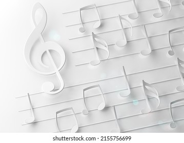 Abstract Concept Of Symphony And Classical Music. Bass Clef And Music Sheet In White Color. Musical Notes And Song Background. 3d Illustration.