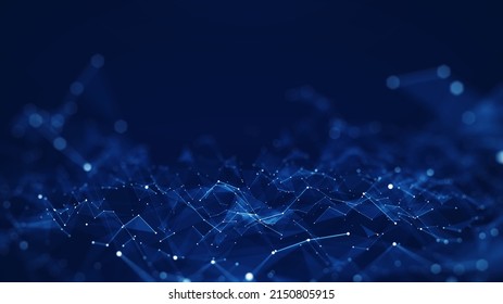 Abstract Concepts Of Cybersecurity Technology And Digital Data Protection. Protect Internet Network Connection With Polygons, Dots And Lines With Dark Blue Background, Center Focus, Side Blur.