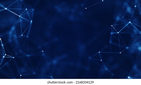 Abstract concepts of cybersecurity technology and digital data protection. Protect internet connection with polygons, dots and lines in the middle of blurry images with dark blue background.