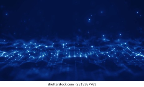Abstract concepts of cybersecurity technology and digital data protection. Protect internet network connection with polygons, dots and lines with dark blue background, center focus, side blur.