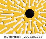 Abstract conceptual illustration of many white arrows pointing towards the black hole on yellow background; focus point concept; point of interest; close up, top view; 3D rendering, 3D illustration