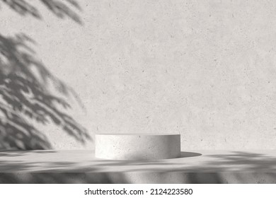 Abstract Concrete Background Minimalist Mockup For Podium,modern Stage, Display Or Showcase, Shadow Tree On Wall White Color 3d Rendering
