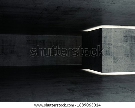 Abstract concrete interior background, dark room with neon illuminated box installation, 3d rendering illustration