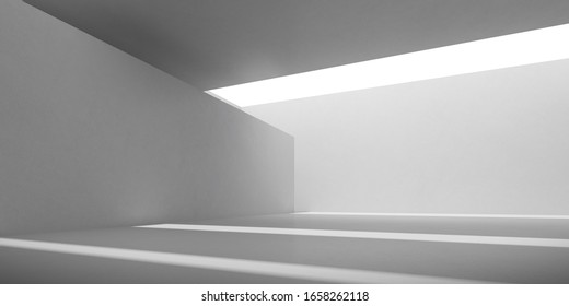Abstract of concrete interior with sun light cast the shadow on the floor, Geometric structure design,Museum space,Perspective of brutalism  architecture,3d rendering	