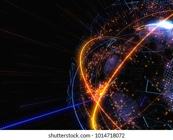 Abstract Connected Bright Dots On Dark Background. Technology Concept. 3D Illustration