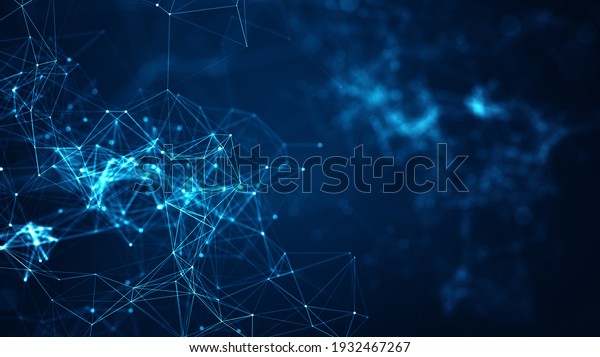 Abstract connected dots and lines on blue\
background. Communication and technology network concept with\
moving lines and\
dots.