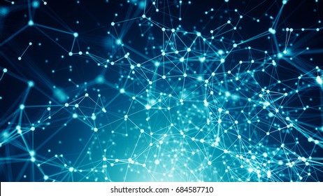 Abstract Connected Dots On Bright Blue Background. Technology Backdrop With Depth Of Field. 3D Rendering