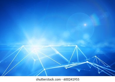 Abstract connected points forming polygonal pyramids on bright blue background. Technology concept. 3D Rendering