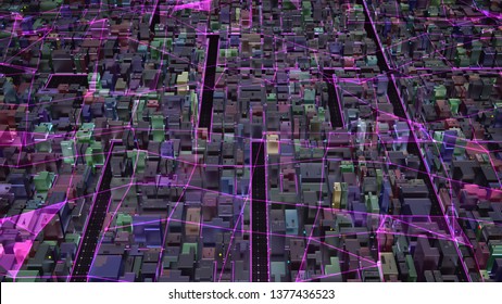 Abstract Connection With Plexus Dots And Triangular Network. Aerial View Above Wireframe City With Multicolor Constructions. Dark Sunset Lighting With Futuristic Network And Technology. 3d Render