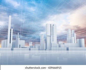 Abstract contemporary city background. Cityscape skyline, colorful sky and wire frame lines pattern layer. Blue toned digital 3d render illustration