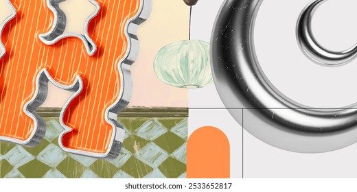 Abstract contemporary collage art with 3d 2d elements painterly handdrawn drawings vintage retro geometrical arch metal crescent vivid orange h bold curvy melting letter effect with yellow thin lines - Powered by Shutterstock