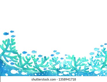 Abstract Coral Reef With School Of Fish Under The Sea Watercolor Hand Painting Background For Decoration On Summer Events.