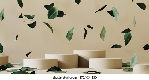 Abstract cosmetic background for product presentation. Beige paper podium and falling green leaves on beige background. 3d rendering illustration.