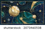 abstract cosmic background with gold metallic foil and marbled textures inlay. Sacred geometry with celestial motif, stars and planets. Galaxy wallpaper