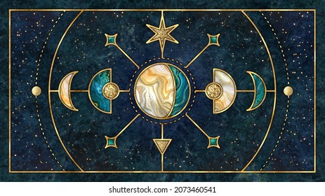 abstract cosmic background with gold metallic foil and marbled textures inlay. Sacred geometry with celestial motif, stars and planets. Moon phases wallpaper