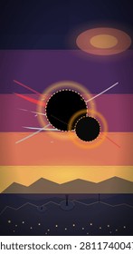 Abstract cosmic landscape featuring a silhouetted figure standing on a dark, starry terrain beneath a vibrant sky of purple, pink, and orange horizontal bands, while two dark circular voids with glowing halos dominate the center, emitting sharp red and white light rays.