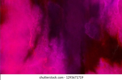 Abstract cosmic pink watercolor background. Magenta shades neon glow lights water color painted illustration. Paper textured aquarelle canvas for modern creative design.