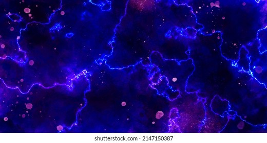 Abstract Cosmic Purple Ink Texture Water Color Paint Illustration. Paper Textured Aquarelle Canvas For Creative Design With Scratches. Deep Dark Violet Neon Lights Watercolor Back