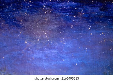 Abstract Cosmos Planet In Blue Starry Sky Painting Background Magic Universe Filled With Stars. Watercolor Artwork