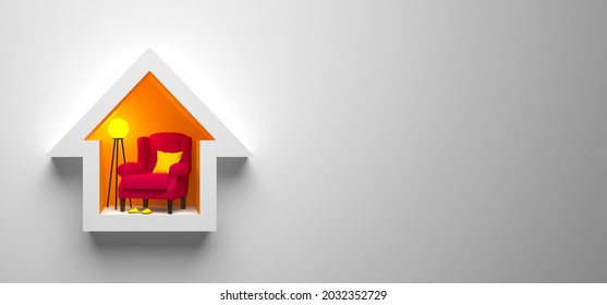 An abstract cozy house with an armchair and a lamp inside as a symbol of home comfort and warmth. 3d render design template. - Powered by Shutterstock