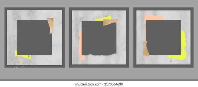 Abstract Creative 3D Instagram Social Media Square Post Background Template. Gray Marble Gold 3D Frame For Photo Space. Illustration For Wedding Invitation, Beauty, Makeup, Fashion Content